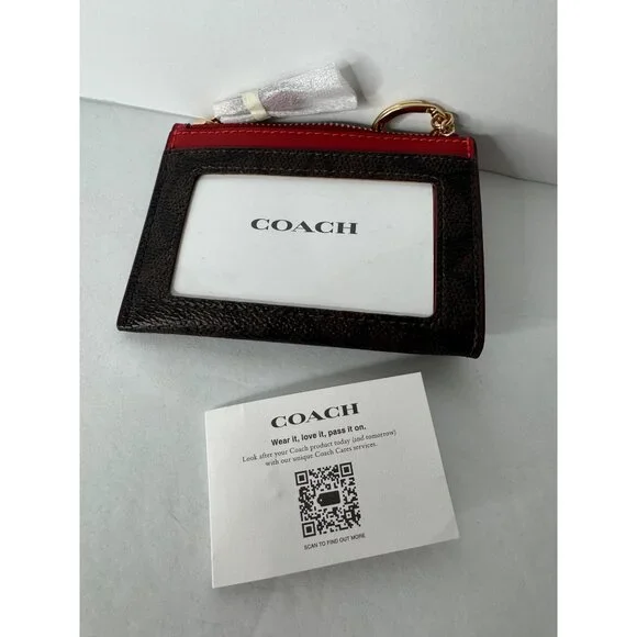 Coach Mini Skinny Id Case Signature Canvas Gold Walnut Bold Red - Picture 6 of 6